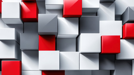A modern and minimalistic design featuring gray, white, and red cubes arranged in an isometric pattern on a flat background. The composition should convey the idea of structure or labyrinthine forms, with each cube appearing to float above the surface. This vector illustration could be used as a graphic element for contemporary art gallery advertising, technology event posters, digital marketing materials, web banners, social media posts, tech conference branding, or creative project brand identity. --chaos 30 --ar 16:9 --v 6.1 Job ID: 5419c9d4-75b4-4a62-87d9-b6b47aa8bbcbの素材