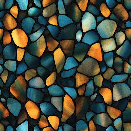 A seamless pattern with digital stained glass pieces, their colors blending seamlessly into one another, designed for scrapbooking paper and featuring an abstract design with organic shapes in shades of blue, orange, teal, dark green, brown, and black. The artwork is composed of various shaped elements that create a mosaic-like effect on the page, giving it depth and dimension. The image features focus stacking, macro photography, a dark background, a colorful color palette, and a centered composition. --v 6.1 Job ID: 68519a76-93ce-455e-be90-8feb85e9275cの素材
