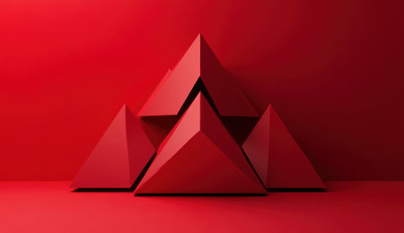 Red background, 3D geometric shapes in the shape of pyramids, simple background, minimalist style, c4d rendering, high resolution photography, symmetrical composition, red color tone, clear details, soft lighting effects, and a sense of space.,,in --ar 26:15 --v 6.1 Job ID: 3edbd1ca-1143-420b-8a61-e269daf559b7の素材