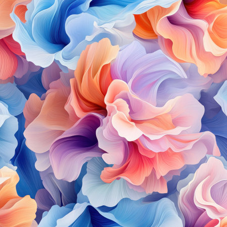 A seamless pattern with digital flower sculpting, their petals flowing and blending in vibrant hues of coral pink, blue, purple, orange, and white. The design incorporates rosewood red and sky-blue, using digital sculpting techniques. --v 6.1 Job ID: 51566536-6fd3-438c-a249-6e641c957eadの素材