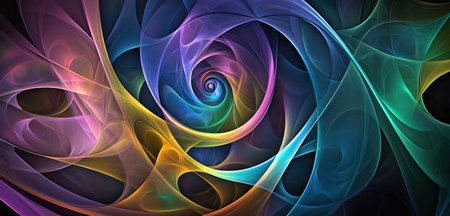 Abstract background with colorful curves and gradient shapes in shades of blue, green, purple, and pink. The gradient background features curved lines and geometric patterns against a black background, with a glass-like material and a close-up of a spiral, creating a curved composition with soft lighting. This abstract style is a digital art, 3D rendering with high resolution. --ar 21:10 --v 6.1 Job ID: 5768b1a5-25d3-4421-bebe-1b431f268458の素材