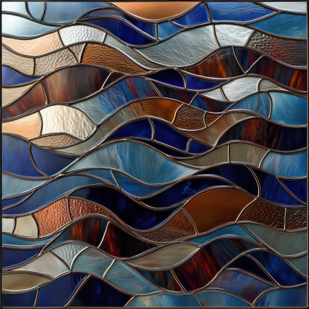 Stained glass art, with an abstract wavy pattern, features shiny metallic colors of blue, copper, and brown. --v 6.1 Job ID: 716bdd2e-4f27-42c2-86d8-90c8b78927f6の素材