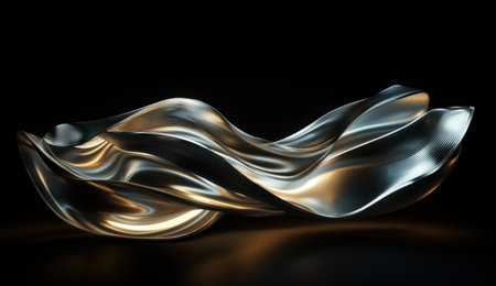 A dark background with an abstract shape of lines, rendered in the style of Zaha Hadid, is made up of undulating curves and flowing forms, creating a sense of fluidity and movement. The lighting creates shadows that accentuate its contours, adding depth to the composition. This image was created using Cinema 4D software with Octane renderer, and it showcases the unique aesthetics associated with a DIN A3 poster, focusing on the shapes and textures. It has been designed as a high-resolution 8K image. --ar 26:15 --v 6.1 Job ID: 4294d53a-4eb5-46e3-9294-de489d07bfaaの素材