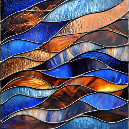 Stained glass art, with an abstract wavy pattern, features shiny metallic colors of blue, copper, and brown. --v 6.1 Job ID: 716bdd2e-4f27-42c2-86d8-90c8b78927f6の素材