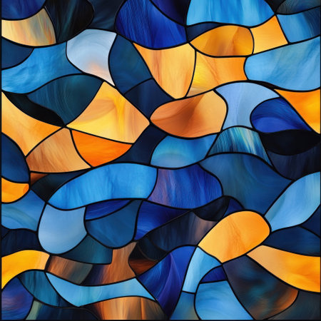Stained glass pattern, fluid abstract shapes in shades of blue and amber. --v 6.1 Job ID: 17f49e30-cf65-4ba2-8990-fe3e099e076fの素材