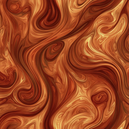 A seamless pattern of swirling wood grain, with rich red-brown tones and detailed textures, perfect for adding warmth to interior design projects. The background is filled with soft shadows that accentuate the natural beauty of each swirled texture. Digital illustration, using vector graphics in high resolution. --v 6.1 Job ID: 29bc26eb-3c3b-4620-881e-ce52e804bffcの素材
