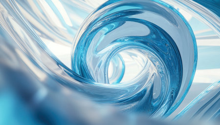 Abstract blue glass spiral on a light background, a 3D rendering illustration of an abstract background with a curved line in a futuristic style, using a blue and white color scheme. The design features a curved shape with a glassy texture and a 2D flat design. This vector graphics image has an 8K resolution, with high detail, quality, definition, and sharpness. --ar 53:30 --v 6.1 Job ID: 12da3729-fcc0-4bc5-a4da-7a98414ce6a5の素材