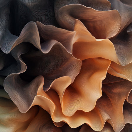 A photorealistic image of abstract, organic shapes in various shades of brown and black, resembling ruffled fabric, with soft lighting creating gentle shadows that enhance the texture. The background is neutral to highlight the depth of the shapes and contrast against the natural tones. --v 6.1 Job ID: 221a0e49-04e2-4a29-9e3f-821d66f03ce1の素材