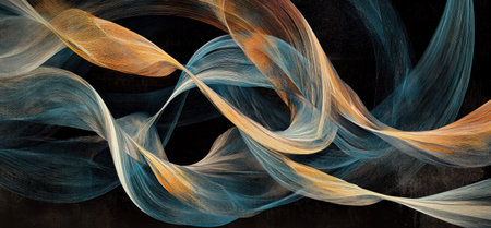 Abstract background with long, flowing ribbons of color in shades of blue and brown on a black backdrop. --ar 32:15 --v 6.1 Job ID: 236db89d-4db5-4fe0-bc44-b9d33330496cの素材