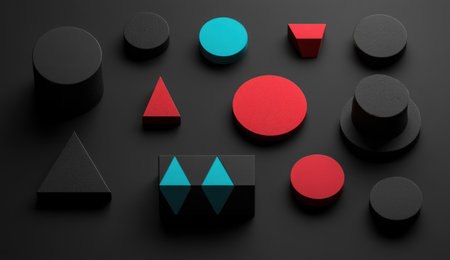 Minimalist, isometric shapes of different geometric forms on a black background, 3D render, simple shapes, simple color scheme, dark grey, red, and cyan. --ar 26:15 --v 6.1 Job ID: 498be07d-bfcf-4138-91b4-0e61ff0f76a8の素材