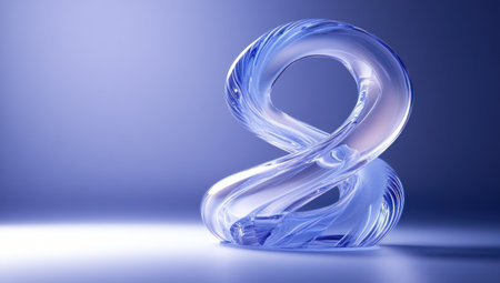 Abstract glass shape with a blue gradient background, simple composition, clean and clear, with subtle lighting effects. The main object is the abstract, spiral-shaped, curved structure made of transparent material, presenting an elegant curve in shades of white and purple. It has a three-dimensional effect and creates visual depth through the glass layers. --ar 53:30 --v 6.1 Job ID: 86561f31-2731-4365-880e-a756926b7fcaの素材