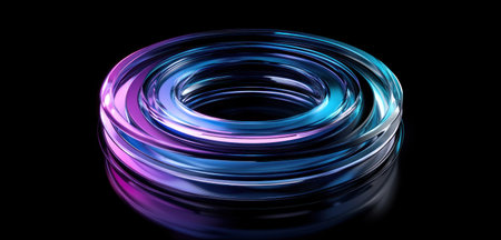 Abstract background with colorful glass and metal spirals, in shades of blue and purple on a black background, a futuristic design. 3D rendering, high resolution, high quality, high detail, hyper-realistic, high sharpness, high definition, high natural light, high color contrast, high vibrance, high saturation. --ar 21:10 --v 6.1 Job ID: 6d320484-87d9-45e0-93bf-717ebe2293acの素材