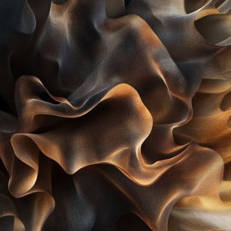 A photorealistic image of abstract, organic shapes in various shades of brown and black, resembling ruffled fabric, with soft lighting creating gentle shadows that enhance the texture. The background is neutral to highlight the depth of the shapes and contrast against the natural tones. --v 6.1 Job ID: 221a0e49-04e2-4a29-9e3f-821d66f03ce1の素材