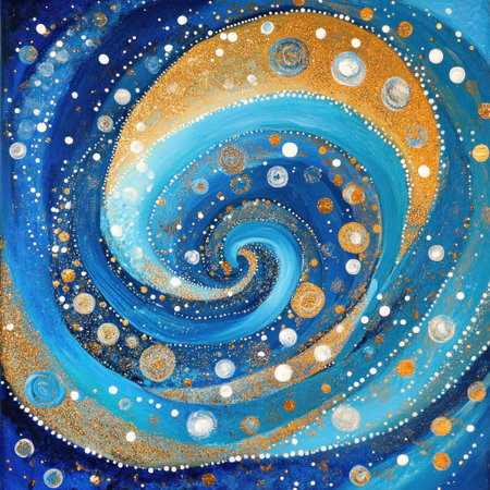 Abstract Blue and Gold Painting: An ocean of fluid art with a blue background, gold glitter, and swirling colors. Paint drips and white dots create mesmerizing swirls of color, evoking the movement and energy of the sea. --v 6.1 Job ID: d0a4c5d0-16ca-4c2f-a1bb-c03f724af493の素材