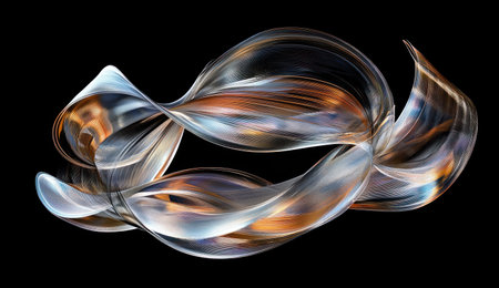 A digital art piece featuring an abstract, swirling ribbon of metallic colors against a black background. The ribbon is made up of thin lines that create the appearance of being in motion and intertwined with each other. There's a sense of fluidity to it, as if they were being drawn by curves or waves. This design could represent movement, transformation, creativity, elegance, luxury, fashion, technology, or any theme where flowing shapes and colors would be appealing. --ar 26:15 --v 6.1 Job ID: e408e083-8fae-4e19-a3cd-629723e1f683の素材