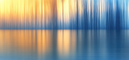 Abstract gold and blue background with long horizontal blurred lines of reeds, blurred background of a river or lake in the style of minimalist artist James Turrell. The texture is smooth and shiny, creating an elegant and sophisticated composition. It's a high-resolution image that highlights the beauty of nature. This design would be suitable for artistic or creative projects. --ar 32:15 --v 6.1 Job ID: ff750765-ab27-4ac7-81c2-37a476f285dbの素材