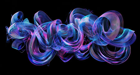 A dark background with an abstract digital art style, featuring multiple intertwined shapes in neon blue and purple colors. The shapes are reminiscent of the letter 'L' made from thin lines, creating an intricate pattern that appears to be floating against the black space. There's a sense of depth, as if looking through or within these complex forms. This design creates a visually striking composition with its vibrant color scheme and dynamic arrangement. --ar 28:15 --v 6.1 Job ID: a1233d4d-9162-43e7-a6b5-f6c40872b1d2の素材