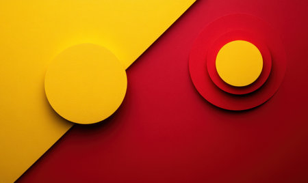 Abstract, colorful background with two yellow and one red circles on the right side, close-up, high-resolution, professional photograph, super-resolution, the ultra-detailed illustrations in the style of Pixar Animation Studios. --ar 5:3 --v 6.1 Job ID: 4339f20d-0799-48fa-8b14-d53b1b8cf8e7の素材