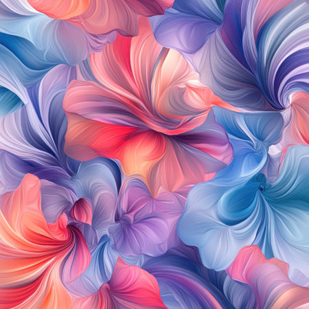 A seamless pattern with digital flower sculpting, their petals flowing and blending in vibrant hues of coral pink, blue, purple, orange, and white. The design incorporates rosewood red and sky-blue, using digital sculpting techniques. --v 6.1 Job ID: 51566536-6fd3-438c-a249-6e641c957eadの素材