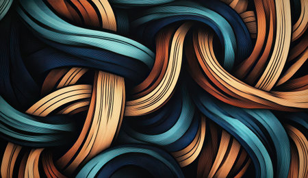 A digital art piece featuring an abstract, swirling design of dark brown and blue lines on a black background, creating the illusion that they form intertwined ribbons. The composition includes elements reminiscent of vector graphics, adding depth to the overall visual experience. This artwork symbolizes growth in technology and innovation. Flat illustration. --ar 26:15 --v 6.1 Job ID: 66436b91-45ca-4aa8-8085-1edfc24f27a5の素材