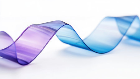 Close-up of an abstract glass ribbon on a white background, with blue and purple reflections. High-resolution, in the style of Canon EOS, with soft lighting, a close-up perspective, and a wide-angle lens. The glass texture is sharp and in focus, creating a modern, futuristic feel. --ar 53:30 --v 6.1 Job ID: 90779690-9519-405f-99aa-9d957bfdedd2の素材