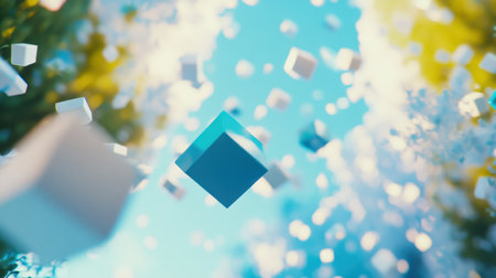Abstract background with blue and white cubes floating in the air, 3D rendering, blue color, blurred background, light colors, soft lighting, minimalist style, close-up view, simple design, high resolution, bokeh effect, blurry background, light and shadow, floating geometric shapes. --chaos 30 --ar 16:9 --v 6.1 Job ID: bd66d6e6-e768-4786-b2ff-6e9d93552849の素材