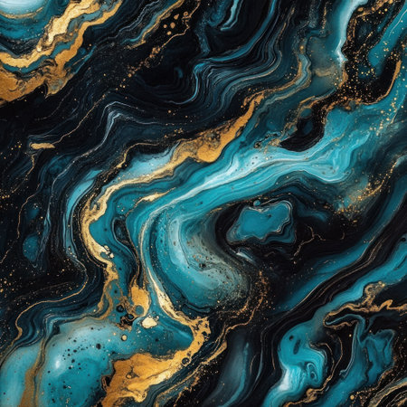 Abstract Blue and Black, Teal and Gold liquid marble pattern --v 6.1 Job ID: 0234f19c-2ab9-4daa-867f-fb412534a843の素材