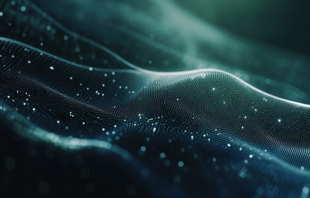 Abstract background with a digital wave made of dots and lines on a dark blue-green gradient color. Vector illustration for technology, internet concept, and business presentation design. Abstract futuristic vector illustration. 8K background. --ar 47:30 --v 6.1 Job ID: cd316b47-496a-4499-9176-fa90933cbcd5の素材