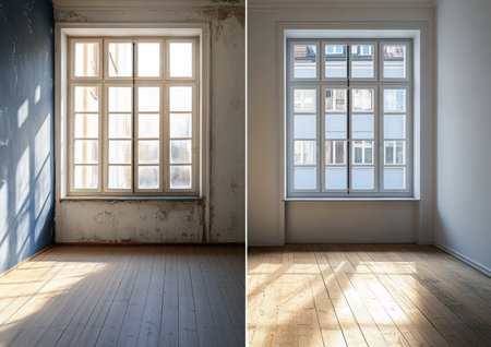 Before and after photos of an empty apartment in Berlin. The wooden floor with white walls on the right side, and a concrete wall with dark blue paint on the left side. An old window with panes, in a modern style, with bright light from the windows. Photorealistic, high-resolution, in the style of Canon EOS Mark IV. --ar 7:5 --v 6.1 Job ID: c53f5657-a842-46b5-b88a-4d198df68b9dの素材