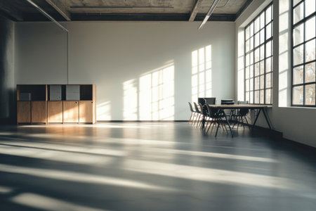 A photo of an empty modern office space with white walls, grey carpet flooring, and large windows on the right side. There is one long desk in front with several chairs around it and two medium-sized cabinets to its left. The lighting appears warm and inviting. --ar 3:2 --v 6.1 Job ID: 5ca3aefd-2283-4788-8393-7d455c5b3fa4の素材