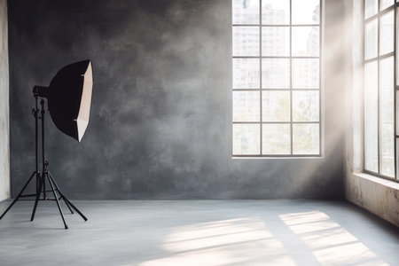 A photo studio with a large gray wall in the background, a black photography light stand on one side of it, and sunlight streaming through the windows. The floor is concrete, and there is no furniture. A large window adds natural lighting to create an empty space for product display or creative photography. --ar 3:2 --v 6.1 Job ID: 81ad3fc5-9d31-4458-8eca-fd9be592c622の素材