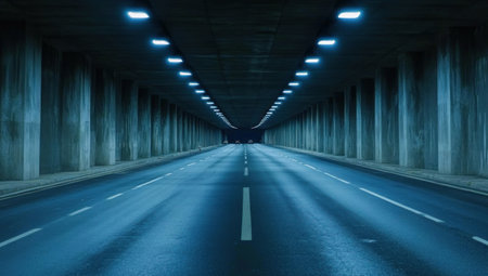 A long highway with an empty street under the bridge, an empty asphalt road, concrete pillars on both sides of the wide tunnel in the city center, no cars driving, a low-angle view, high-resolution photography, hyper-realistic photography, cinematic lighting, in the style of Wes Anderson. --ar 53:30 --v 6.1 Job ID: aeb649d4-b0cd-4fc7-8c86-a02fb480a397の素材