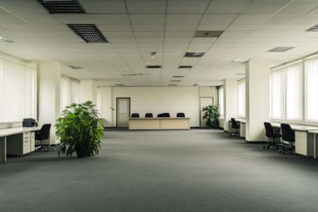 A photo of an empty modern office space with white walls, gray carpet flooring, and glass windows. There is one long desk in the center that has several black chairs around it. The room also contains multiple desks along other rooms, with doors leading to them on both sides of the main area. In front, there are two plants sitting next to each other near a door frame. Taken at night, using a wide-angle lens. Photorealistic. Captured with a Canon EOS camera and an EF-S macro lens. High resolution. --ar 3:2 --v 6.1 Job ID: 2468de4d-2cd1-4b3d-80c3-897e2f98b029の素材
