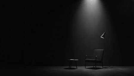 Minimalist black room with dark floor and walls, a chair, a table lamp, and a small coffee table. Mockup for a design in 3D rendering. Black background. Minimalist interior concept. Wide-angle lens. --ar 53:30 --v 6.1 Job ID: 1f7e320e-0b6c-4196-9e49-a43fd6c2cea4の素材