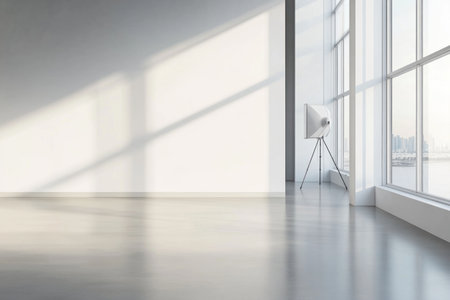 A white photo studio with a concrete floor, soft light from the windows, and a blurred black background in front of it. The walls are painted in a bright gray color. There is an empty space on one wall for displaying products or artwork. A stand holding a large diffused lighting setup stands next to the window. --ar 3:2 --v 6.1 Job ID: c2b08bce-09f7-41ee-8503-ef3f09920081の素材