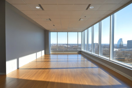 A photograph of a large, empty wall in an office with a light grey color, wood floor, and large windows overlooking the city, in a minimalist style, high resolution. --ar 3:2 --v 6.1 Job ID: e3f1f489-dfc9-4635-8bf9-2d4b81586422の素材