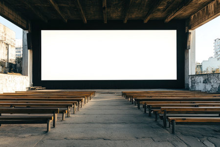 Photo of a large blank billboard on the wall in an open-air cinema, with wooden benches and concrete floors below. --ar 3:2 --v 6.1 Job ID: d6c446c3-0a21-4631-8fb9-e3fb13024b39の素材