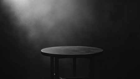 Black empty table background with a spotlight on the top, dark gray background, minimal concept, studio lighting, photographed in the style of Peter Lindbergh, using a Nikon F5 and 30mm lens, with a shallow depth of field. --ar 53:30 --v 6.1 Job ID: 7b40110d-f5d7-48ae-b352-986744d2f9dfの素材
