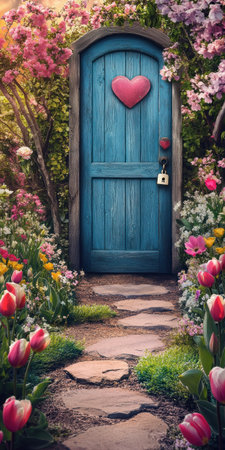 A spring garden with tulips and flowers, a blue wooden door in the background, a stone path leading to it, a heart-shaped lock on the front of that door, a digital backdrop for photography, a whimsical illustration, and soft pastel colors. --ar 1:2 --v 6.1 Job ID: cc32f812-e1f5-42df-82d3-76e385b2550aの素材