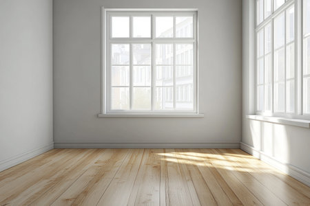 Modern, minimalist room with light gray walls and a wooden floor, a panoramic window overlooking the city, high-resolution photography. --ar 3:2 --v 6.1 Job ID: 8fd367bb-a912-442f-99bf-4948c71a9c37の素材