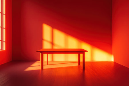 Red room with a table, red walls, orange light from the window, a color gradient, minimalist style, concept art in the style of James Turrell, high resolution, hyper-realistic, cinematic lighting, wide-angle, Octane render, HDR. --ar 3:2 --v 6.1 Job ID: 226db91e-164d-4613-9442-ee0d5b0488a7の素材