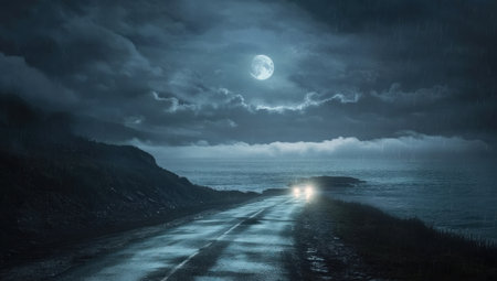 A long road leading to the ocean, at night with moonlight shining on it. The sea is in front of you, and there's some fog around. A car passes by on one side, leaving light behind as if being pulled away. There should be clouds in the sky and raindrops falling onto your face, creating an atmosphere that feels mysterious and eerie. --ar 53:30 --v 6.1 Job ID: 2614b3b7-bac4-4160-89bd-07f658aa9964の素材