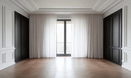 A large white room with herringbone wood floors, black sliding doors, and sheer curtains. The walls have paneling that extends high up the walls. In front of them is an empty floor with light streaming in from the window outside. There should be no furniture or other objects on it. This photo will emphasize how beautiful and spacious your home appears. It can create a feeling of calmness and tranquility, a perfect space for relaxation after work. Photorealistic. --ar 5:3 --v 6.1 Job ID: 152e4262-a277-4a4a-87c2-fe7bbbb0ec33の素材