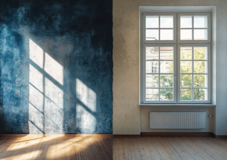 A before and after photo of an empty apartment room in Berlin. The left side is painted with a dark blue concrete texture, while the right side has white walls without decoration, a wooden floor, and a window. A warm light from the sun outside shines through the window, creating a cozy atmosphere. The photo was taken with a Canon EOS R5 camera, using an F2 aperture and ISO400 at f8. --ar 7:5 --v 6.1 Job ID: 70855d03-ff2c-4c2a-a24c-d03b8e022aebの素材