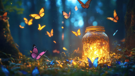 An ornate jar glowing with an inner light, surrounded by colorful butterflies in the enchanted forest at twilight. --ar 53:30 --v 6.1 Job ID: 9c0114be-a6a0-40bb-af47-2c90012b1e9fの素材