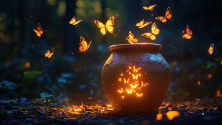 A glowing clay jar with butterflies fluttering around it, in a fantasy style, with a magical atmosphere and a dark forest background, blurred, in high resolution, highly detailed, hyper-realistic, cinematic, rendered with Octane, with volumetric lighting, a masterpiece, and in HDR. --ar 53:30 --v 6.1 Job ID: a5519c48-e478-44e5-b920-70acb5933764の素材