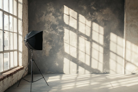 A photo of a photo studio with a large gray wall and window, a black photography light stand on the left side of it, and sunlight shining through the windows. --ar 3:2 --v 6.1 Job ID: 80ebfb4b-600b-426a-b1ea-f38e9303ac28の素材