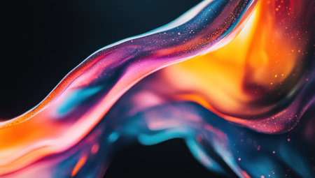 A close-up of an abstract, curved shape with vibrant colors on the left side against a black background. The design is elegant and modern, evoking a sense of motion or energy. It could be used as wallpaper for digital marketing materials or social media posts, adding visual interest to your online presence. --ar 53:30 --v 6.1 Job ID: c50f53e3-6fde-46b0-8a00-6d6173a44987の素材