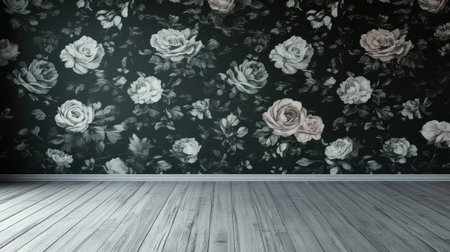 Dark floral wallpaper with intricate designs on the walls, creating an elegant and timeless look in an empty room with a wooden floor. --chaos 30 --ar 16:9 --v 6.1 Job ID: 83134370-4d7f-4727-b838-b82cd3a0c8a0の素材