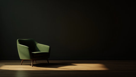 Minimalist interior design of a modern living room with an empty dark wall and a green armchair on a wooden floor, 3D rendering illustration mock-up for product presentation. Black background, 20k, realistic, sharp focus, hyperrealistic, high resolution, high detail, shot with a Canon R5, in the style of Sony FE 78mm f/4 T F/2.9 lens. --ar 53:30 --v 6.1 Job ID: 38242bbb-f458-4024-a6ae-bb0f2606ac1fの素材